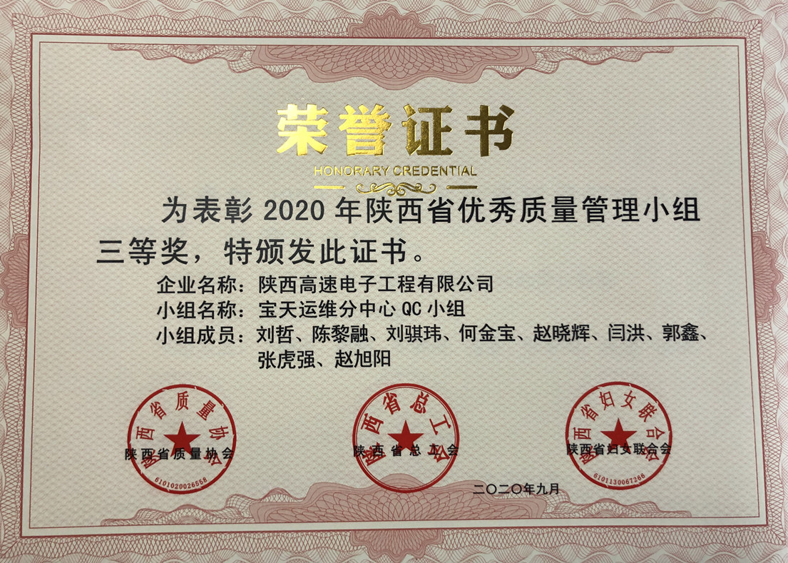陕西省优秀质量管理小组三等奖